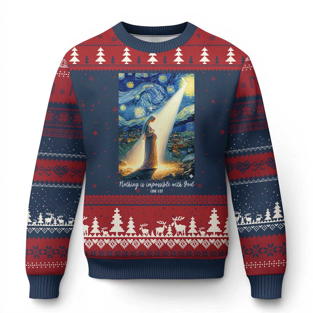 Virgin Mary Starry Night Ugly Christmas Sweater Luke 2:11 Christian Faith - Print Your Wear