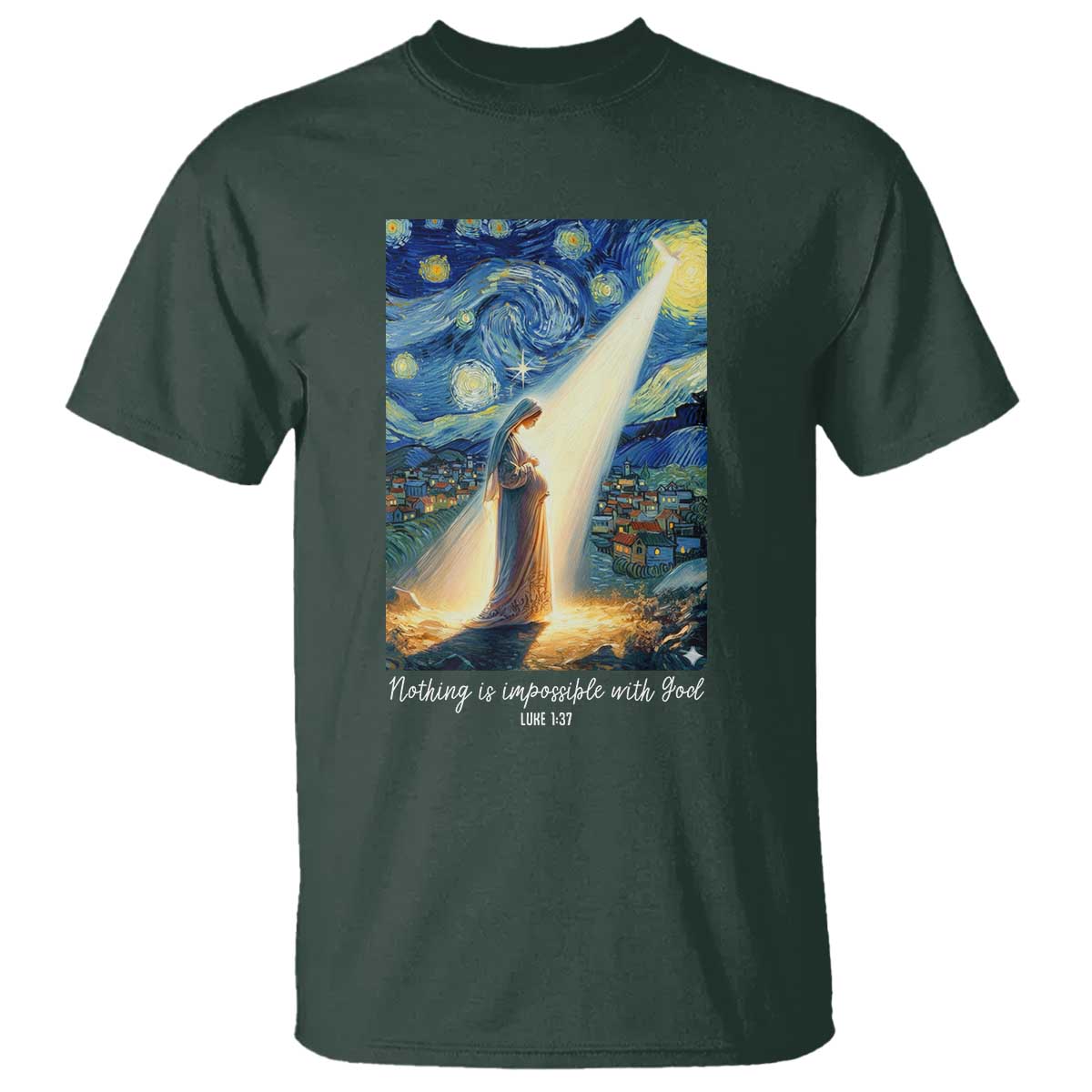 Virgin Mary Starry Night T Shirt Luke 2:11 Christian Faith TS14 Dark Forest Green Print Your Wear