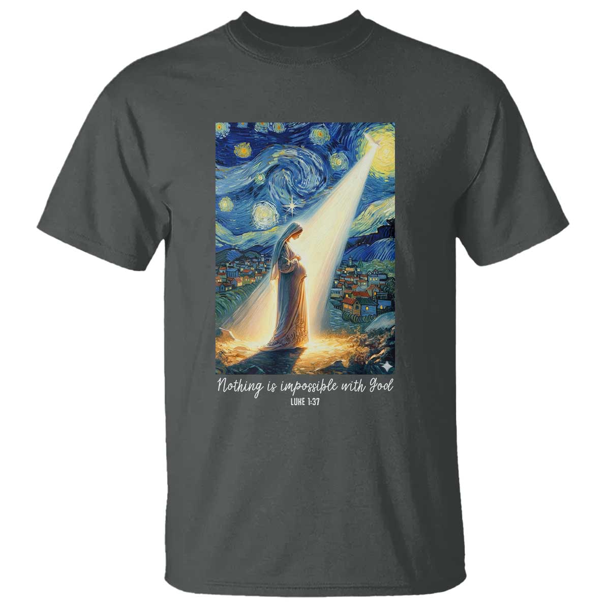 Virgin Mary Starry Night T Shirt Luke 2:11 Christian Faith TS14 Dark Heather Print Your Wear
