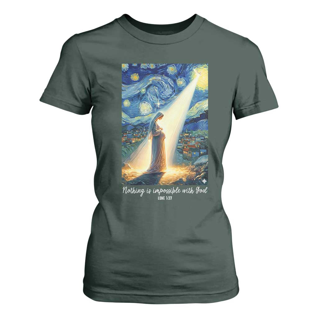 Virgin Mary Starry Night T Shirt For Women Luke 2:11 Christian Faith TS14 Dark Forest Green Print Your Wear