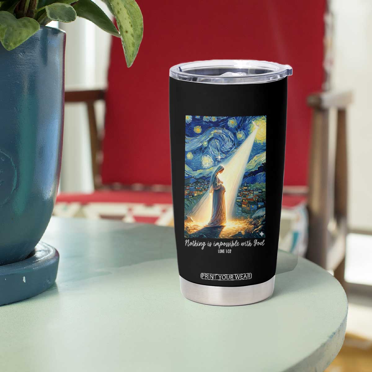 Virgin Mary Starry Night Tumbler Cup Luke 2:11 Christian Faith - Print Your Wear