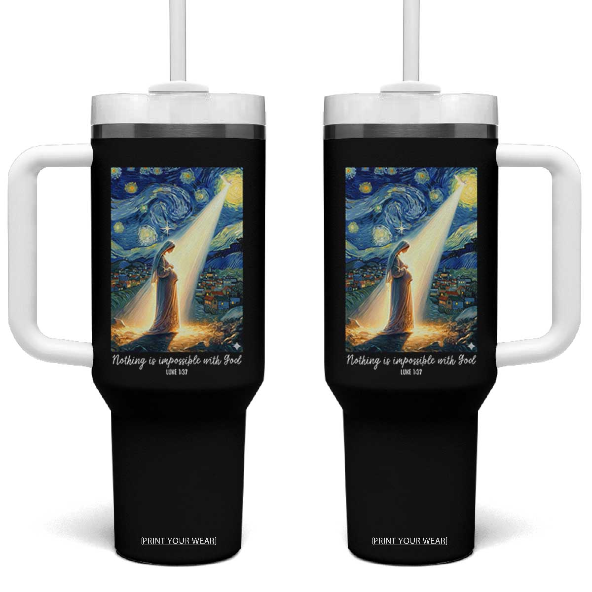 Virgin Mary Starry Night Tumbler With Handle Luke 2:11 Christian Faith TS14 One Size: 40 oz Black Print Your Wear