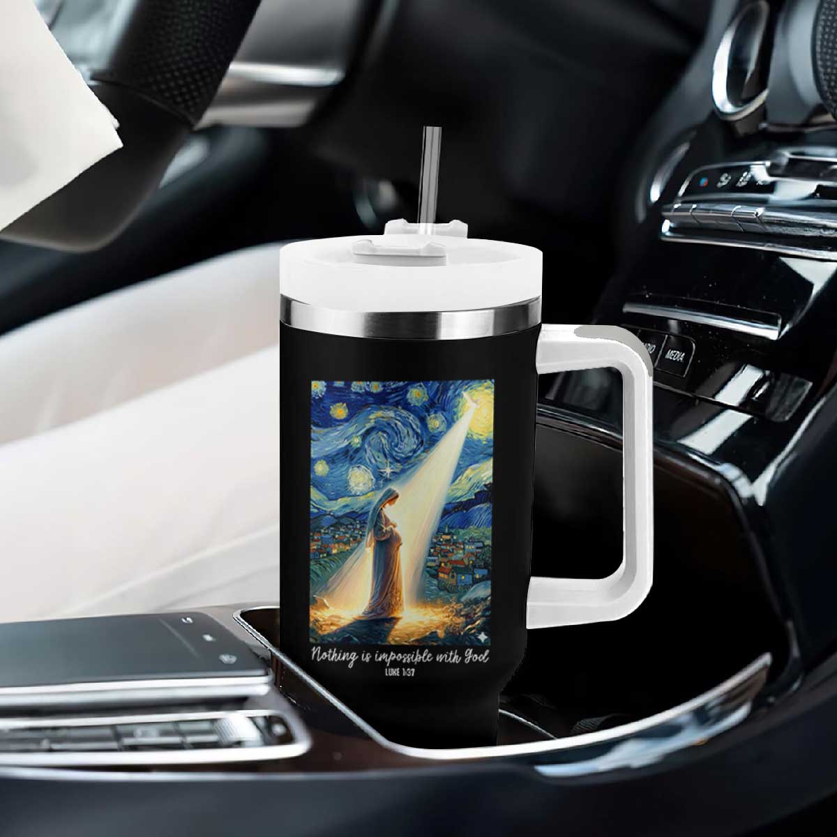 Virgin Mary Starry Night Tumbler With Handle Luke 2:11 Christian Faith TS14 Print Your Wear