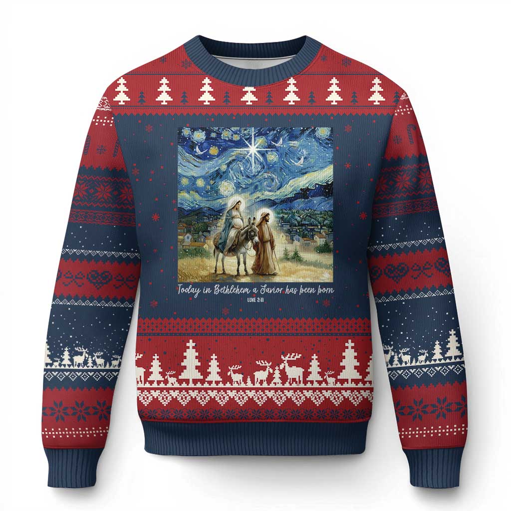 Bethlehem Starry Night Ugly Christmas Sweater Nativity Luke 2:11 Christian Xmas TS14 Navy Red Print Your Wear