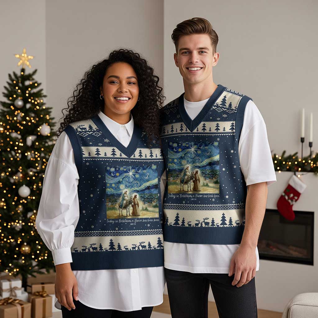 Bethlehem Starry Night V-Neck Knit Sweater Vest Nativity Luke 2:11 Christian Xmas TS14 Navy Beige Print Your Wear