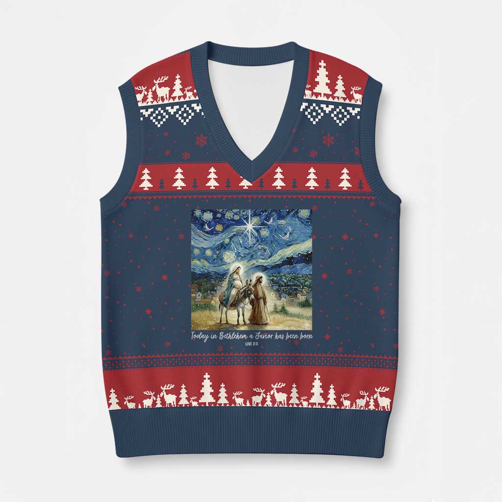 Bethlehem Starry Night V-Neck Knit Sweater Vest Nativity Luke 2:11 Christian Xmas TS14 Navy Red Print Your Wear