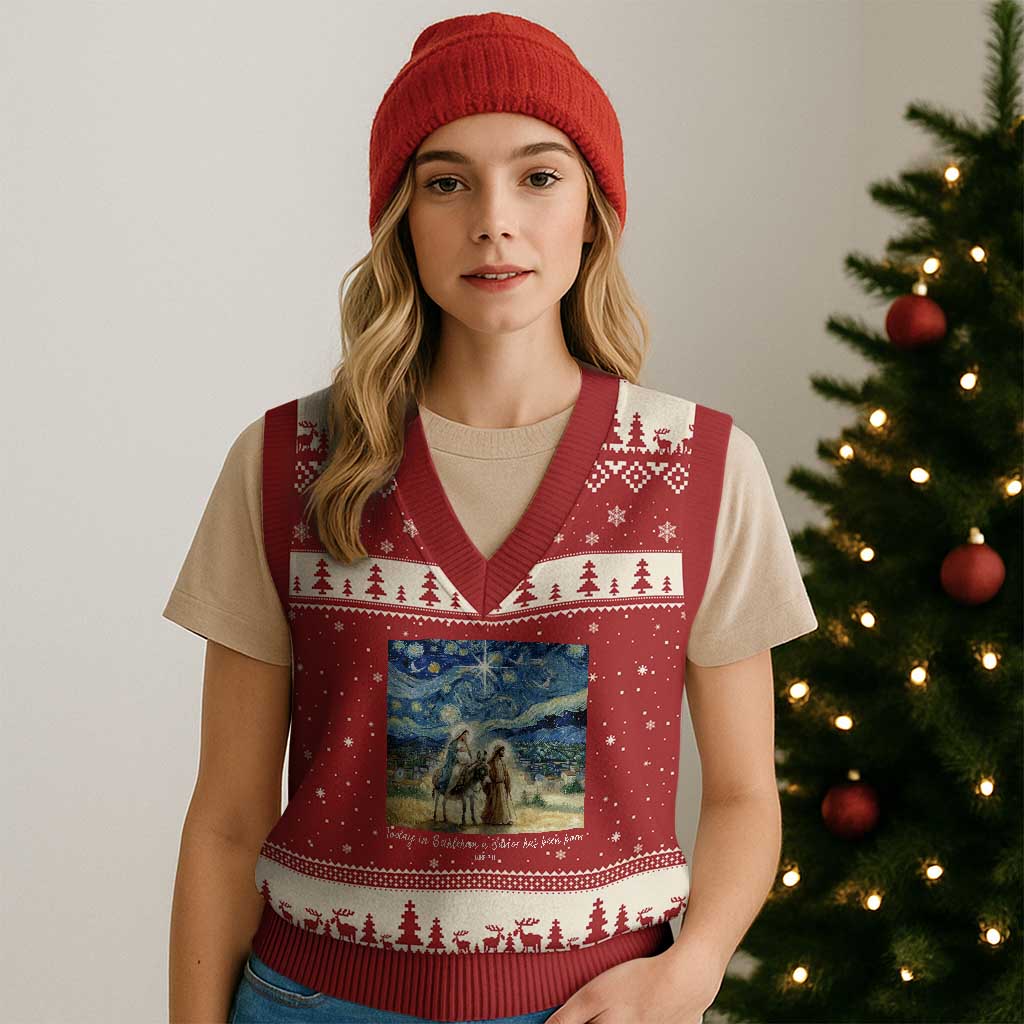 Bethlehem Starry Night V-Neck Knit Sweater Vest Nativity Luke 2:11 Christian Xmas TS14 Red Beige Print Your Wear