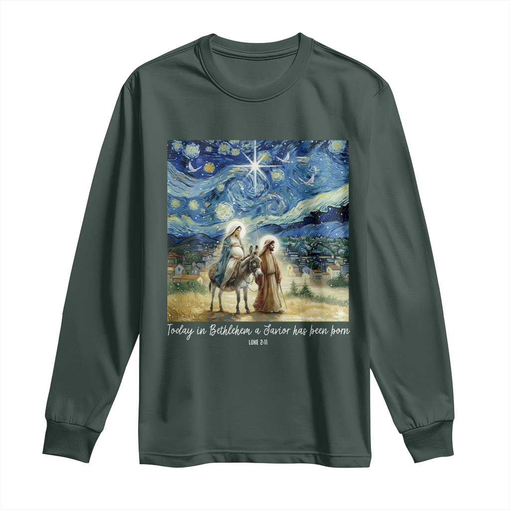 Bethlehem Starry Night Long Sleeve Shirt Nativity Luke 2:11 Christian Christmas TS14 Dark Forest Green Print Your Wear