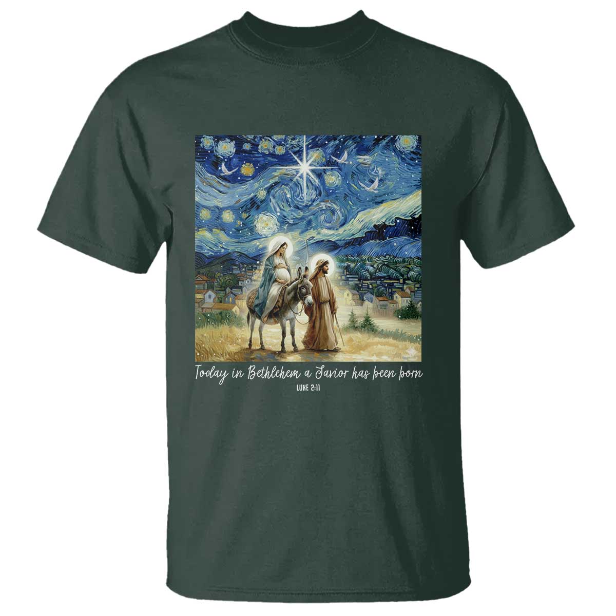 Bethlehem Starry Night T Shirt Nativity Luke 2:11 Christian Christmas TS14 Dark Forest Green Print Your Wear