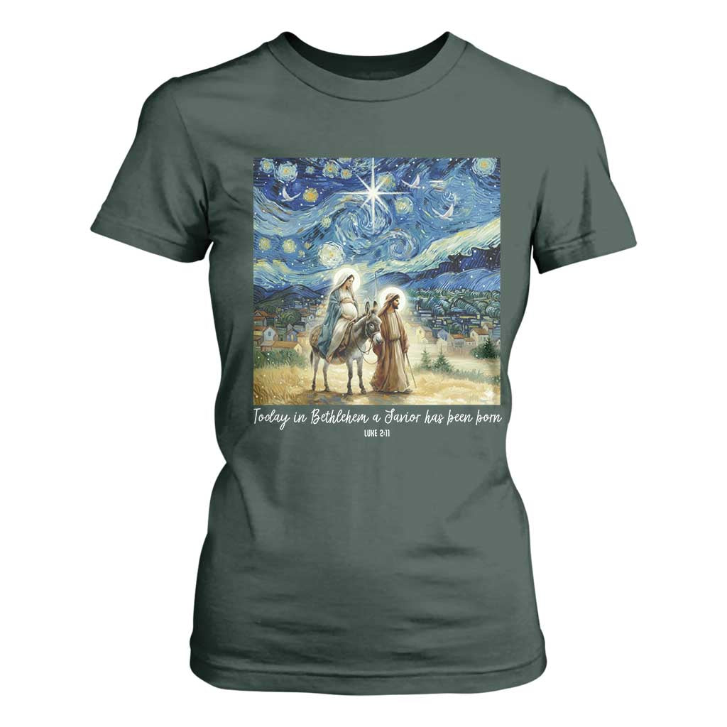 Bethlehem Starry Night T Shirt For Women Nativity Luke 2:11 Christian Christmas TS14 Dark Forest Green Print Your Wear