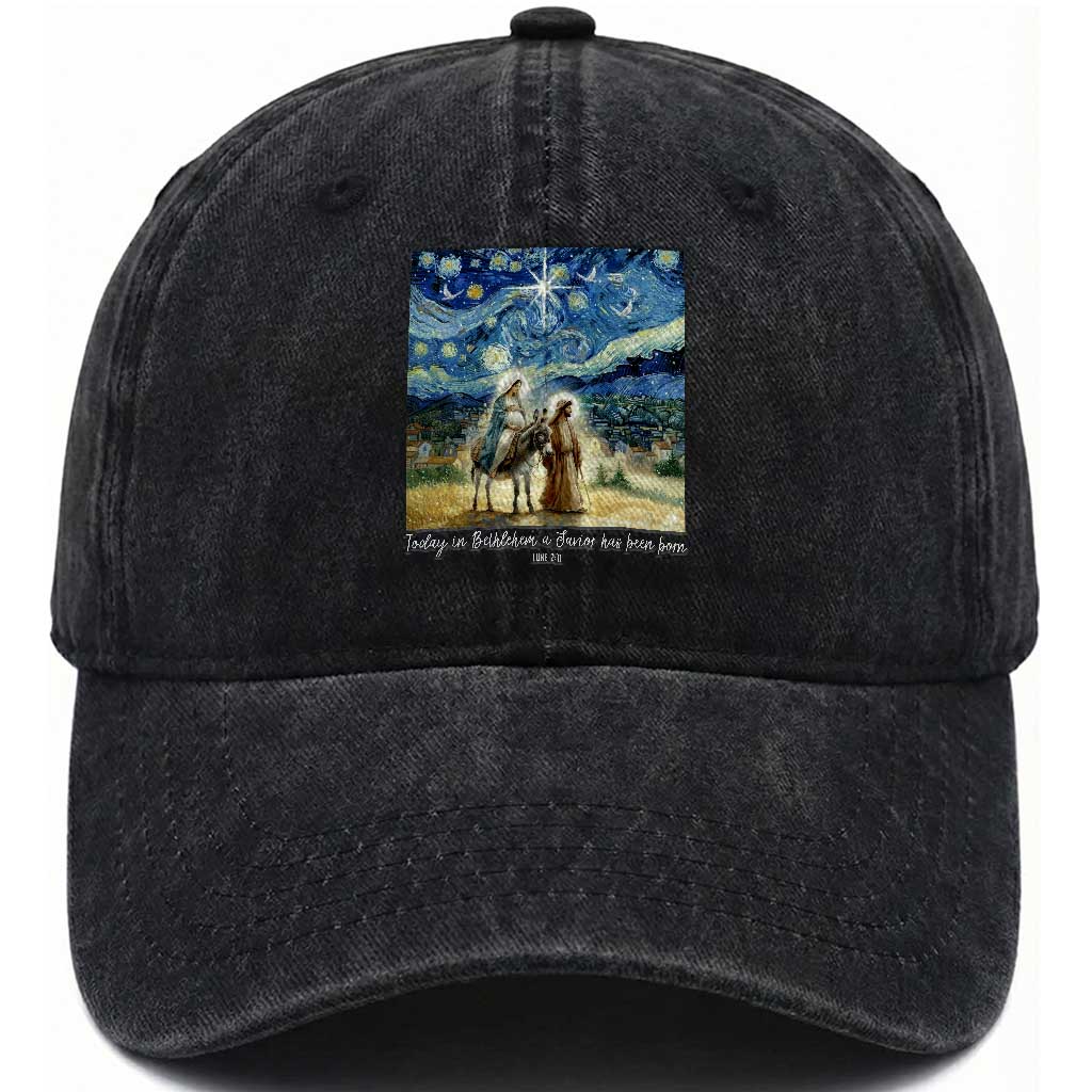 Bethlehem Starry Night Washed Cotton Baseball Cap Nativity Luke 2:11 Christian Christmas TS14 Washed Cap Universal Fit Black Print Your Wear