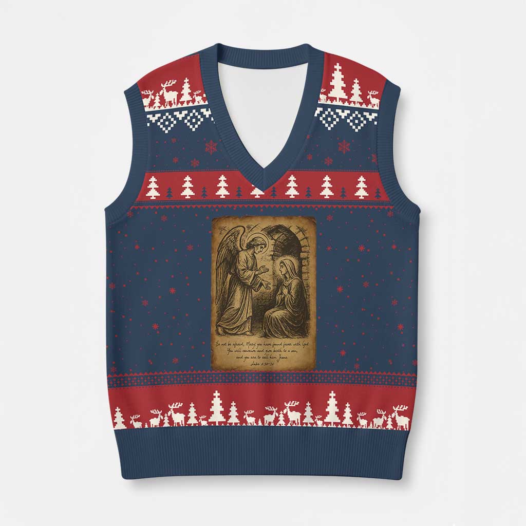 Virgin Mary V-Neck Knit Sweater Vest Angel Gabriel Luke 1:30 Christian TS14 Navy Red Print Your Wear