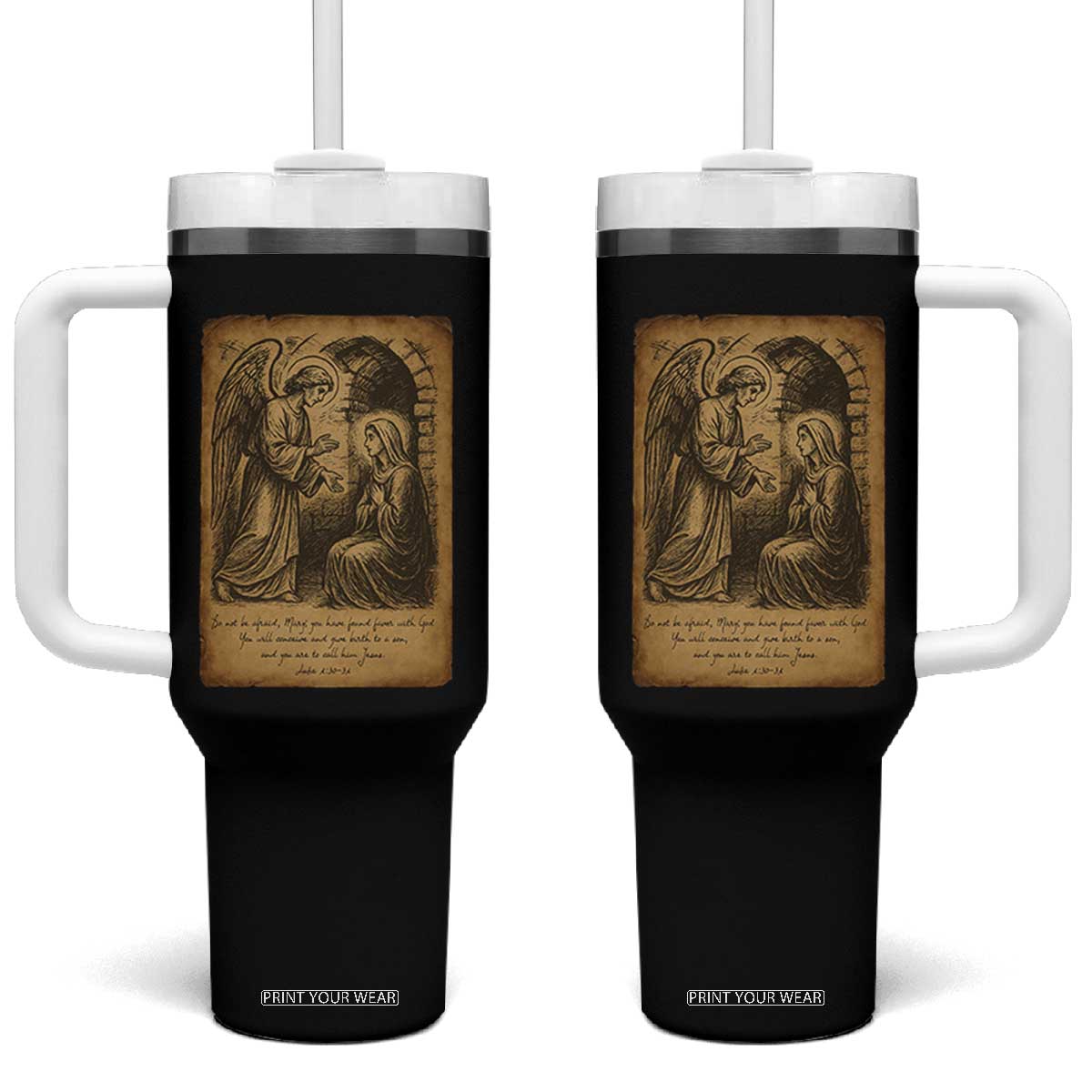 Virgin Mary Tumbler With Handle Angel Gabriel Luke 1:30 Christian TS14 One Size: 40 oz Black Print Your Wear