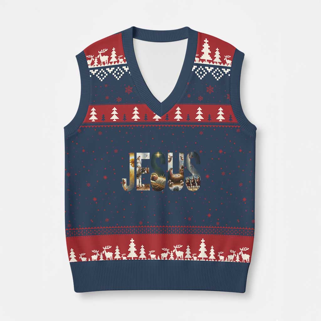 Jesus Xmas V-Neck Knit Sweater Vest Nativity Holy Night Christian Faith TS14 Navy Red Print Your Wear
