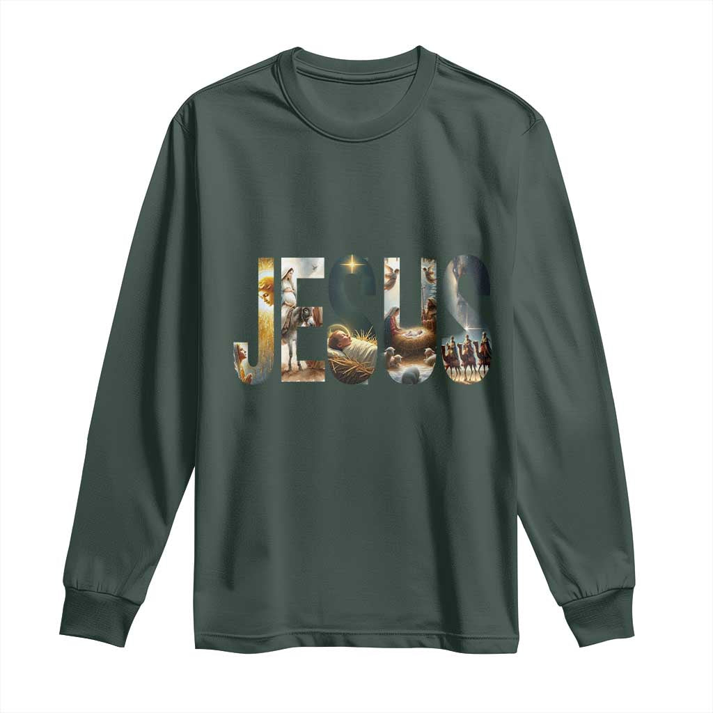 Jesus Christmas Long Sleeve Shirt Nativity Holy Night Christian Faith TS14 Dark Forest Green Print Your Wear