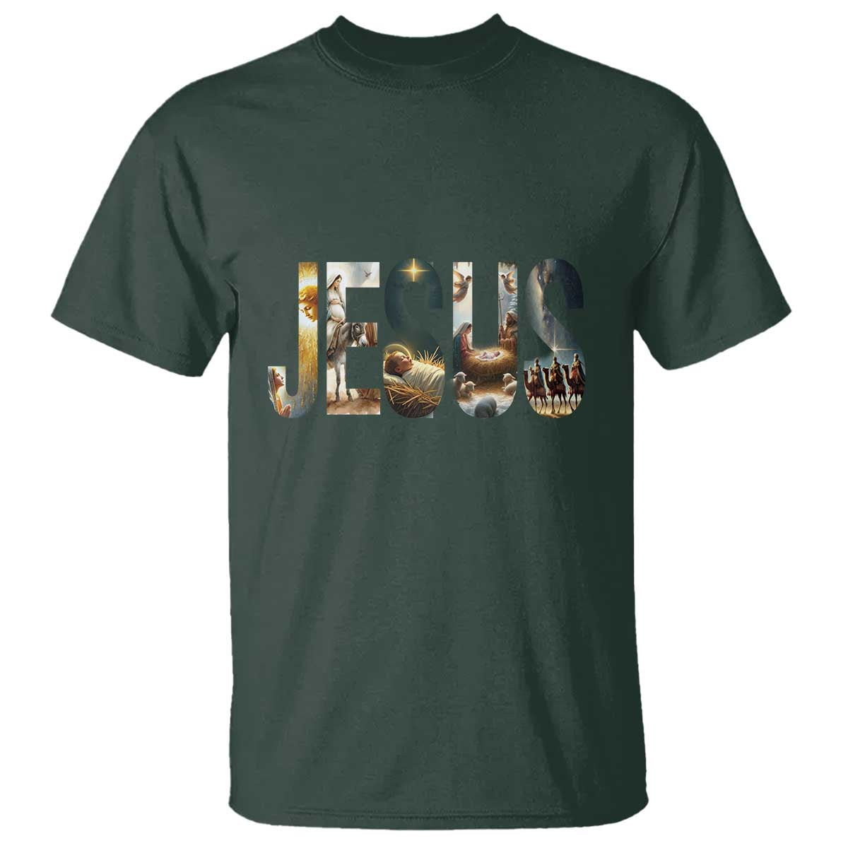 Jesus Christmas T Shirt Nativity Holy Night Christian Faith TS14 Dark Forest Green Print Your Wear