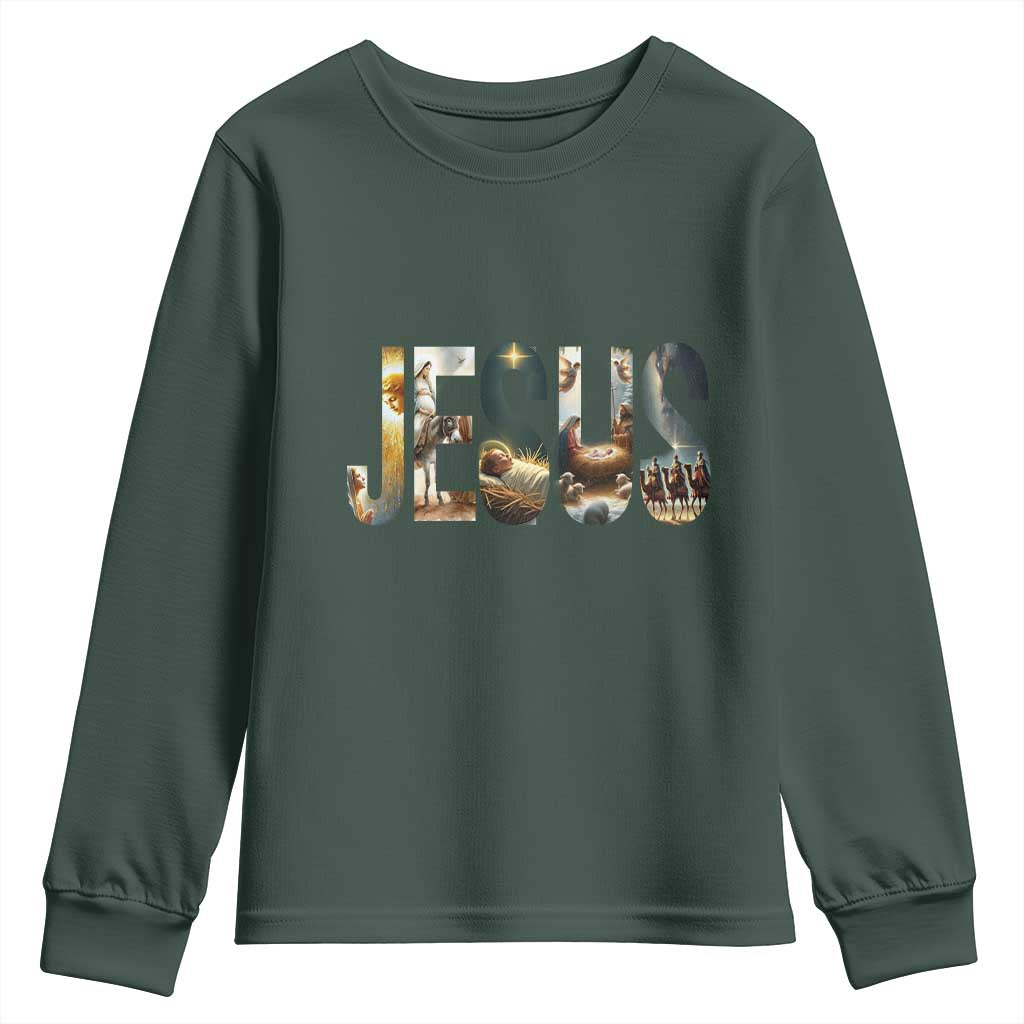 Jesus Christmas Youth Sweatshirt Nativity Holy Night Christian Faith TS14 Dark Forest Green Print Your Wear