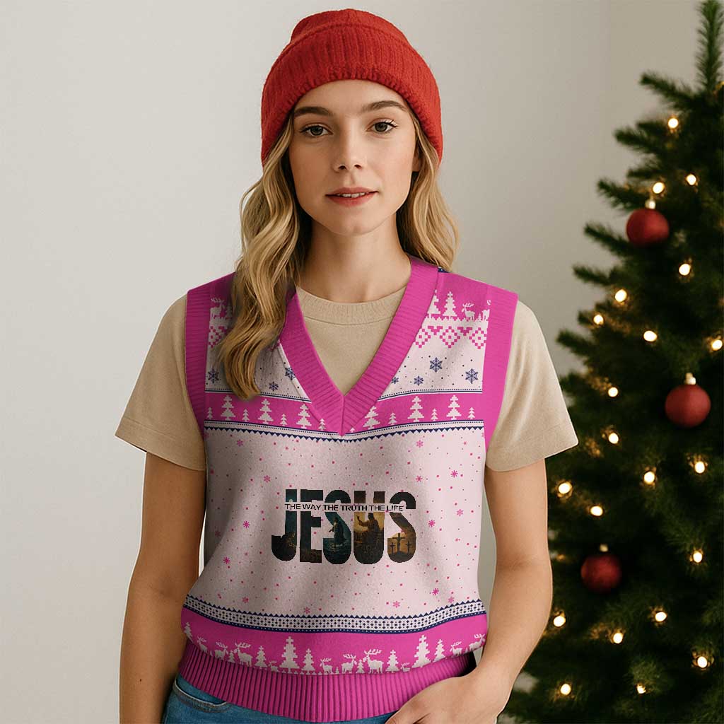 Jesus Christian Bible V-Neck Knit Sweater Vest The Way The Truth The Life TS14 Hot Pink Print Your Wear