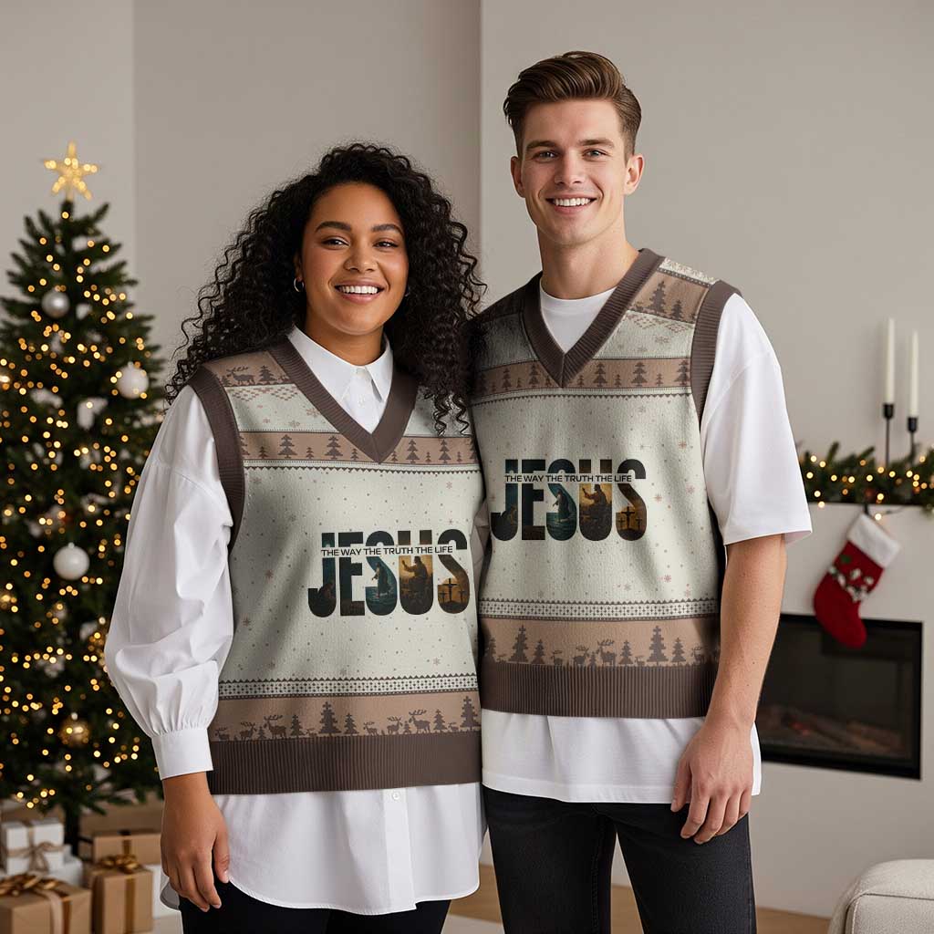 Jesus Christian Bible V-Neck Knit Sweater Vest The Way The Truth The Life TS14 Mocha Mousse Print Your Wear