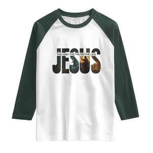Jesus Christian Bible Raglan Shirt The Way The Truth The Life TS14 White Dark Forest Green Print Your Wear