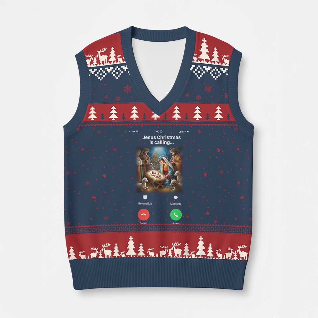 Jesus Xmas V-Neck Knit Sweater Vest Video Call Nativity Scene Funny Christian Xmas TS14 Navy Red Print Your Wear