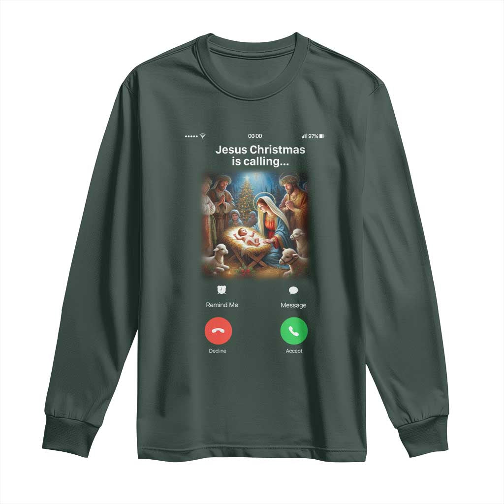 Jesus Christmas Long Sleeve Shirt Video Call Nativity Scene Funny Christian Xmas TS14 Dark Forest Green Print Your Wear