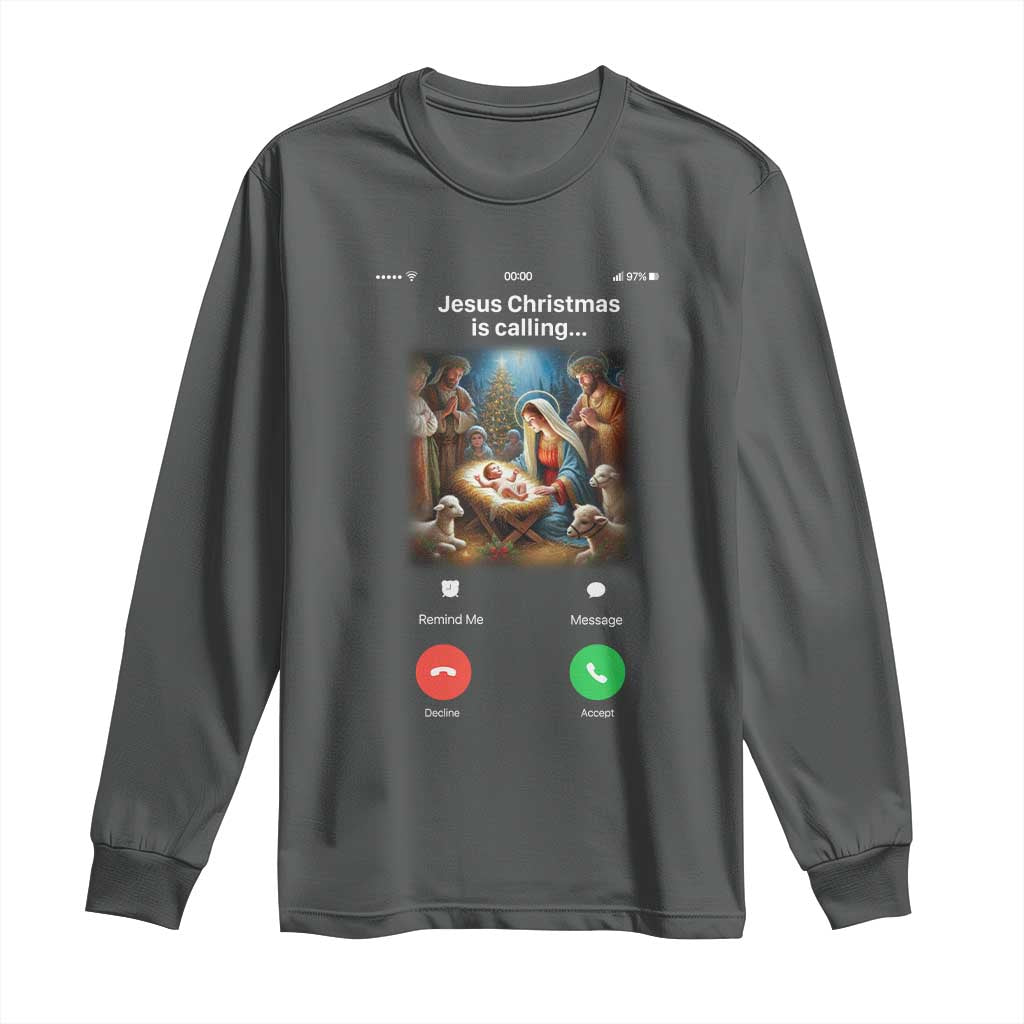 Jesus Christmas Long Sleeve Shirt Video Call Nativity Scene Funny Christian Xmas TS14 Dark Heather Print Your Wear