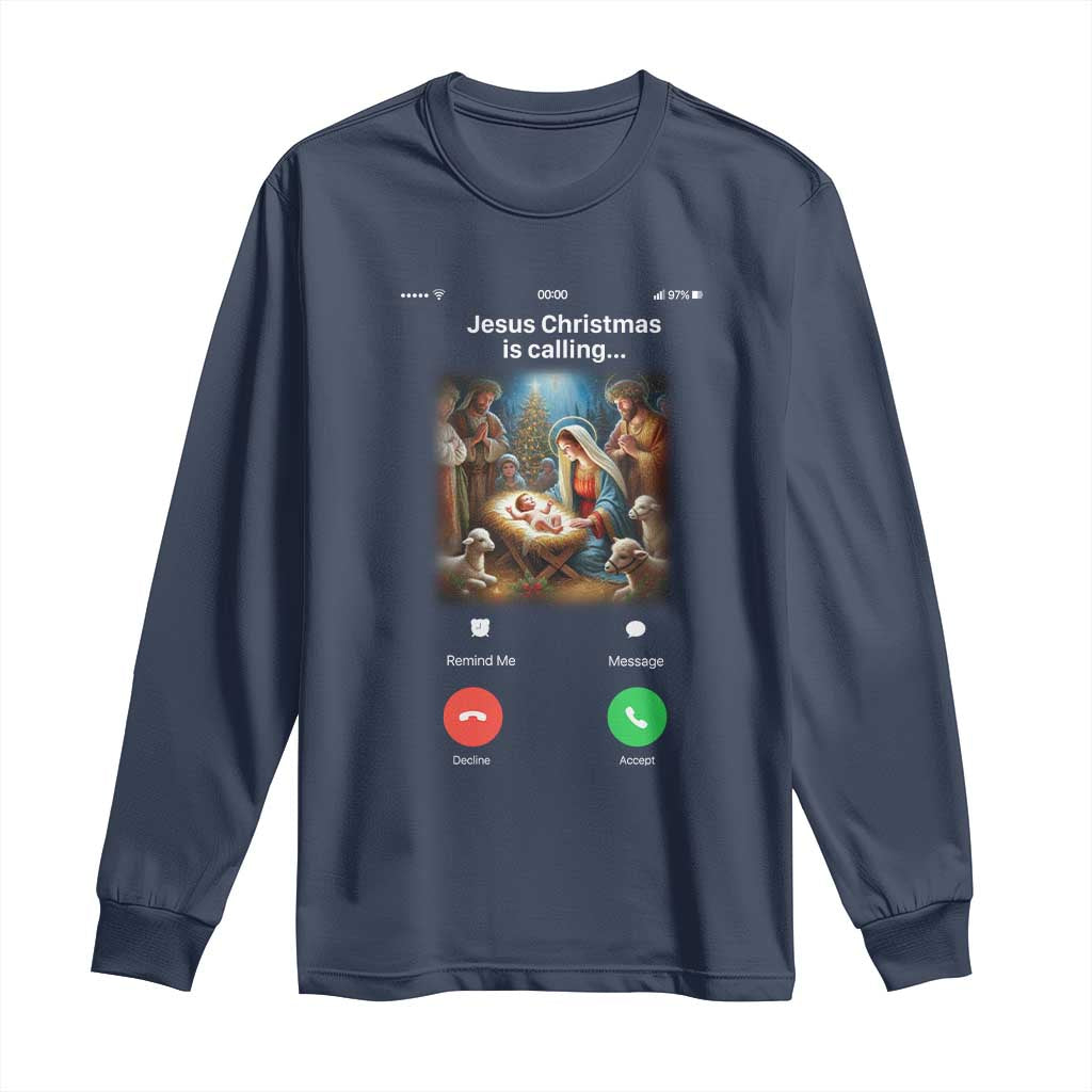 Jesus Christmas Long Sleeve Shirt Video Call Nativity Scene Funny Christian Xmas TS14 Navy Print Your Wear