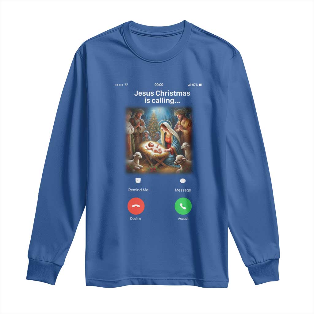 Jesus Christmas Long Sleeve Shirt Video Call Nativity Scene Funny Christian Xmas TS14 Royal Blue Print Your Wear