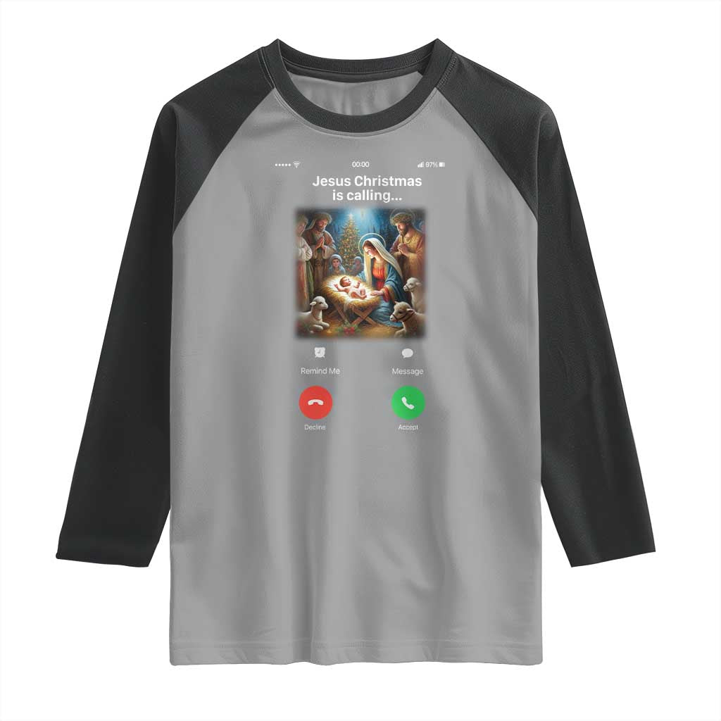Jesus Christmas Raglan Shirt Video Call Nativity Scene Funny Christian Xmas TS14 Sport Gray Black Print Your Wear