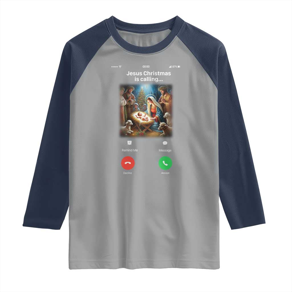 Jesus Christmas Raglan Shirt Video Call Nativity Scene Funny Christian Xmas TS14 Sport Gray Navy Print Your Wear