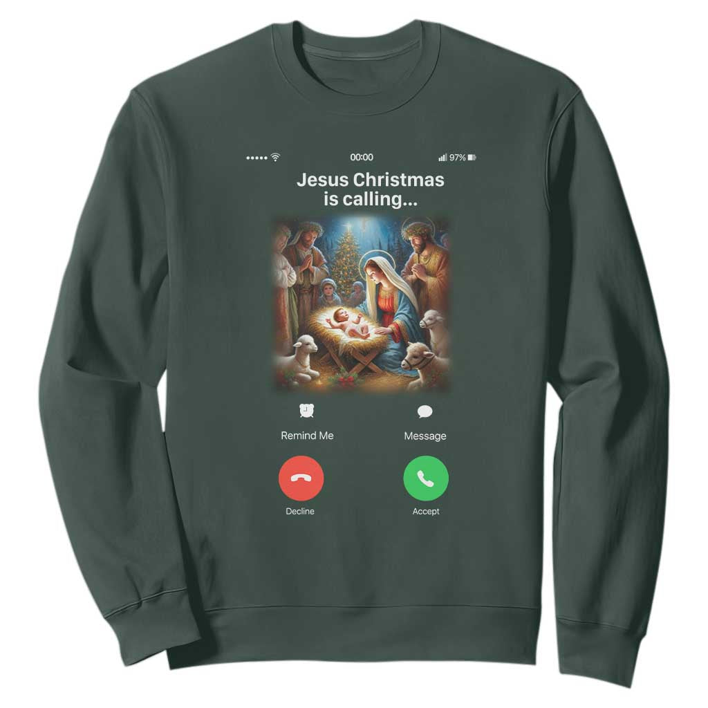 Jesus Christmas Sweatshirt Video Call Nativity Scene Funny Christian Xmas TS14 Dark Forest Green Print Your Wear