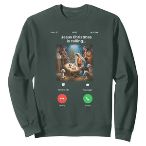 Jesus Christmas Sweatshirt Video Call Nativity Scene Funny Christian Xmas TS14 Dark Forest Green Print Your Wear