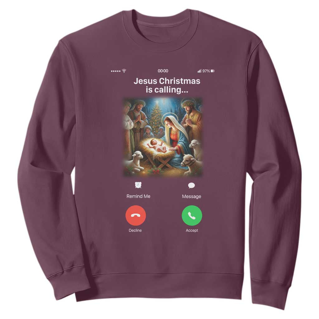Jesus Christmas Sweatshirt Video Call Nativity Scene Funny Christian Xmas TS14 Maroon Print Your Wear