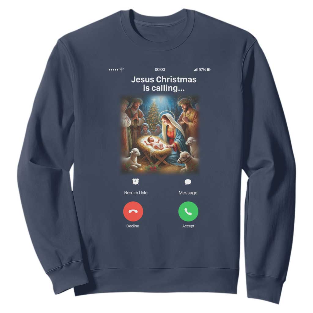 Jesus Christmas Sweatshirt Video Call Nativity Scene Funny Christian Xmas TS14 Navy Print Your Wear