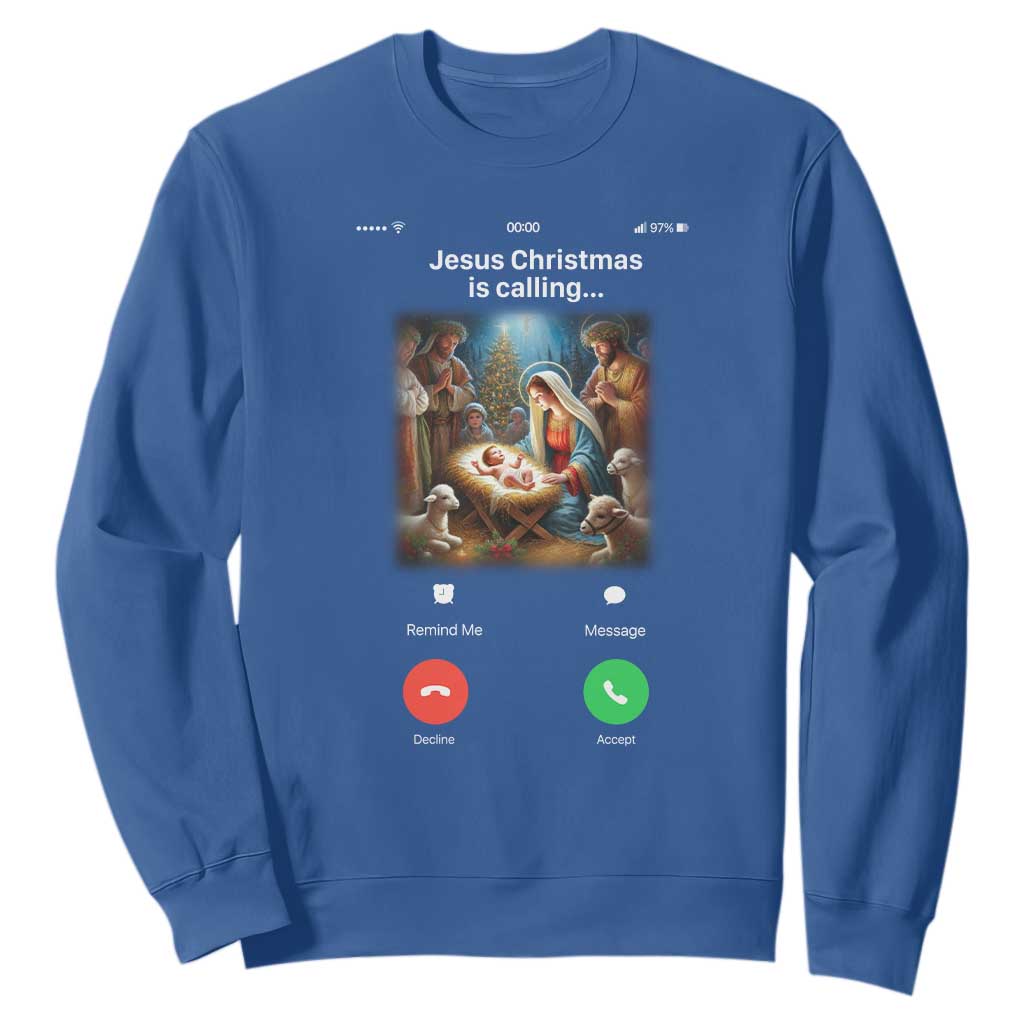 Jesus Christmas Sweatshirt Video Call Nativity Scene Funny Christian Xmas TS14 Royal Blue Print Your Wear
