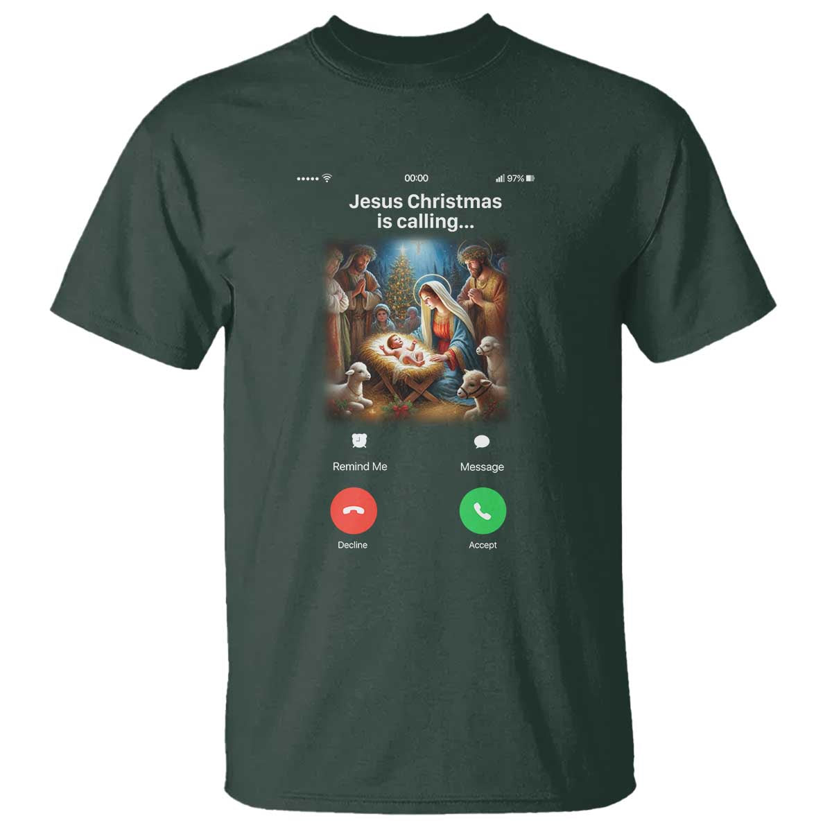 Jesus Christmas T Shirt Video Call Nativity Scene Funny Christian Xmas TS14 Dark Forest Green Print Your Wear