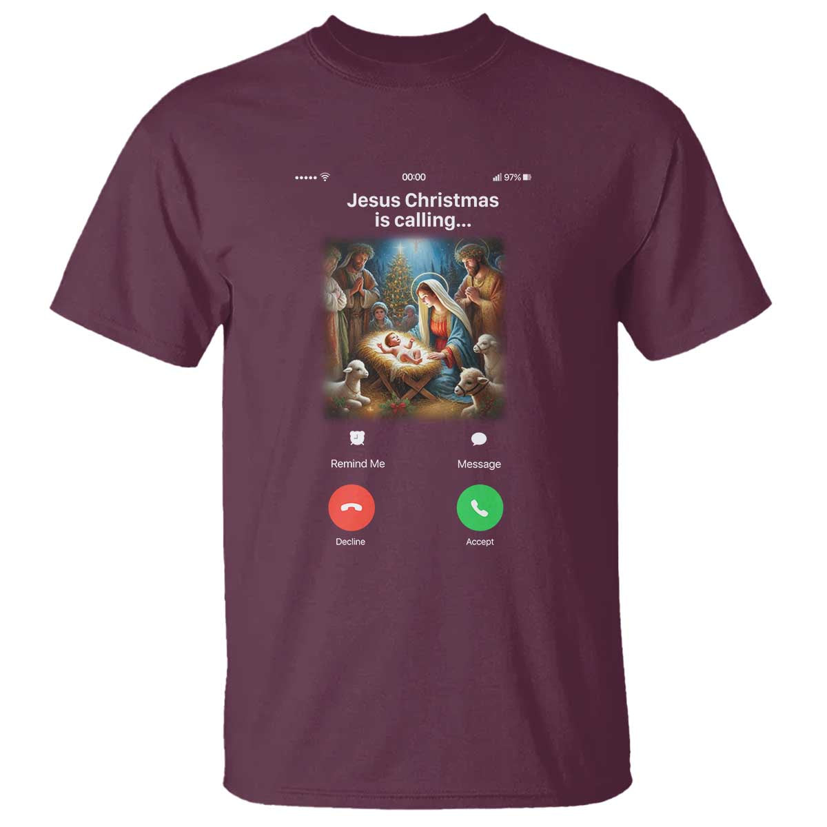 Jesus Christmas T Shirt Video Call Nativity Scene Funny Christian Xmas TS14 Maroon Print Your Wear