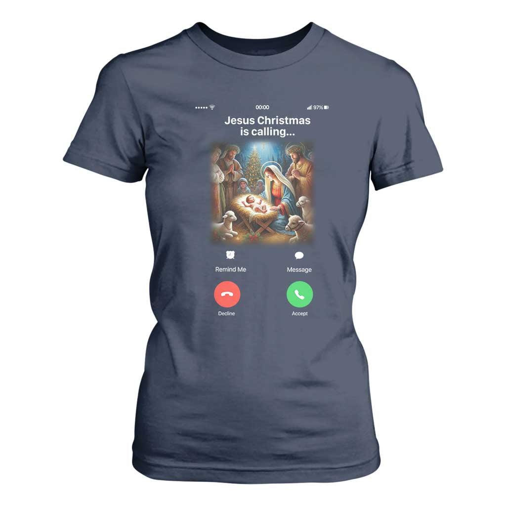 Jesus Christmas T Shirt For Women Video Call Nativity Scene Funny Christian Xmas TS14 Navy Print Your Wear