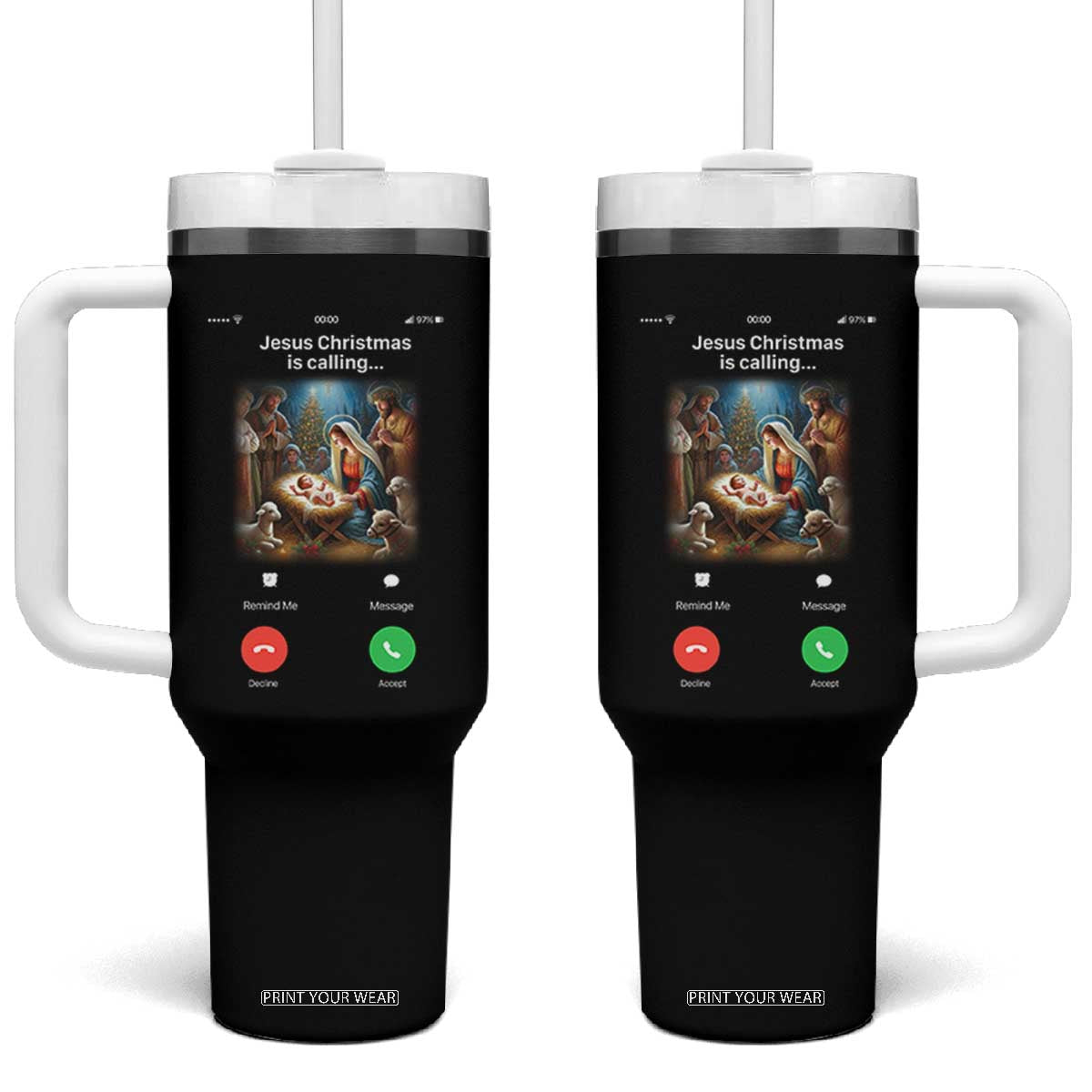 Jesus Christmas Tumbler With Handle Video Call Nativity Scene Funny Christian Xmas TS14 One Size: 40 oz Black Print Your Wear