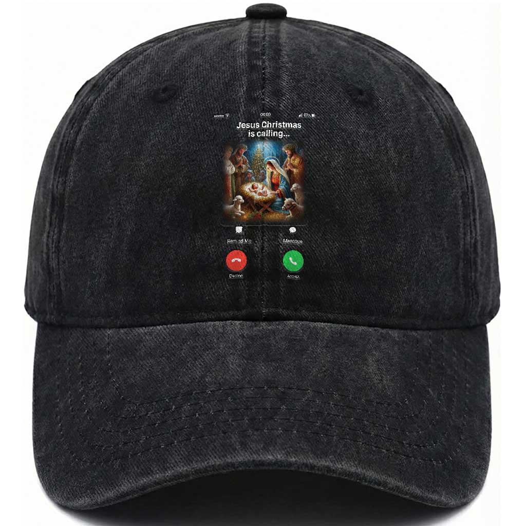 Jesus Christmas Washed Cotton Baseball Cap Video Call Nativity Scene Funny Christian Xmas TS14 Washed Cap Universal Fit Black Print Your Wear