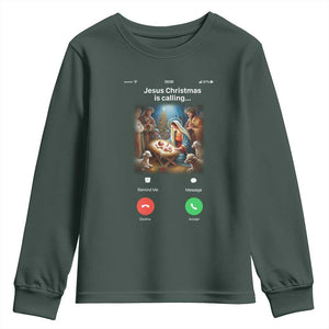 Jesus Christmas Youth Sweatshirt Video Call Nativity Scene Funny Christian Xmas TS14 Dark Forest Green Print Your Wear