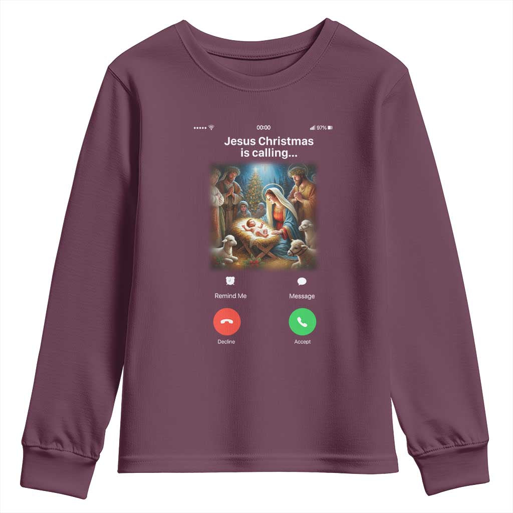 Jesus Christmas Youth Sweatshirt Video Call Nativity Scene Funny Christian Xmas TS14 Maroon Print Your Wear