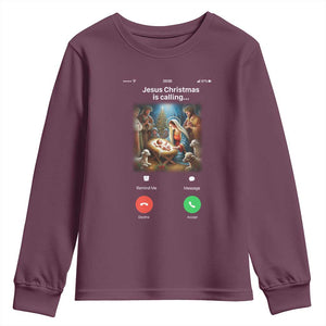 Jesus Christmas Youth Sweatshirt Video Call Nativity Scene Funny Christian Xmas TS14 Maroon Print Your Wear