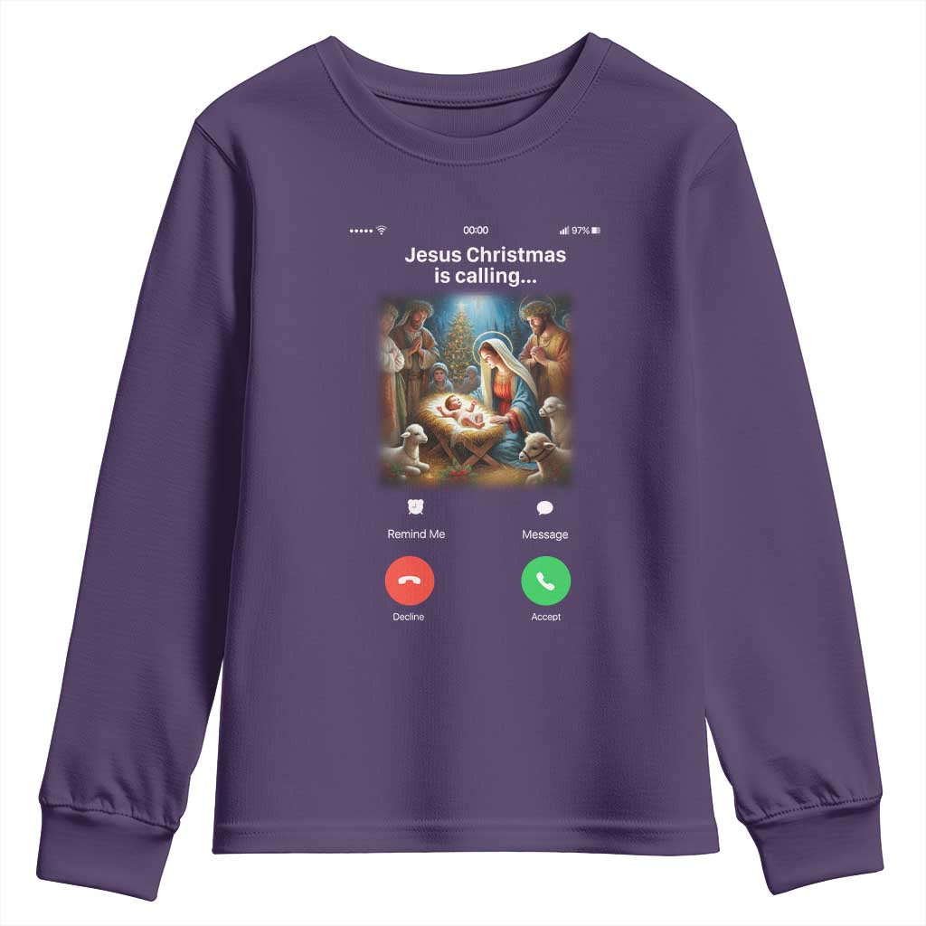 Jesus Christmas Youth Sweatshirt Video Call Nativity Scene Funny Christian Xmas TS14 Purple Print Your Wear