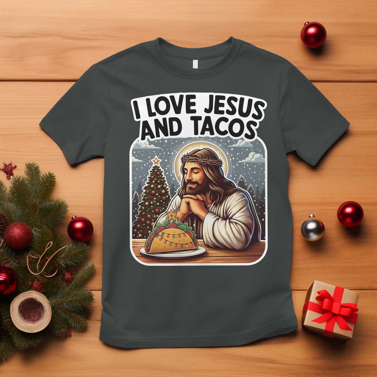 Funny Jesus Christian Christmas T Shirt I Love Jesus And Tacos TS14 Dark Heather Print Your Wear