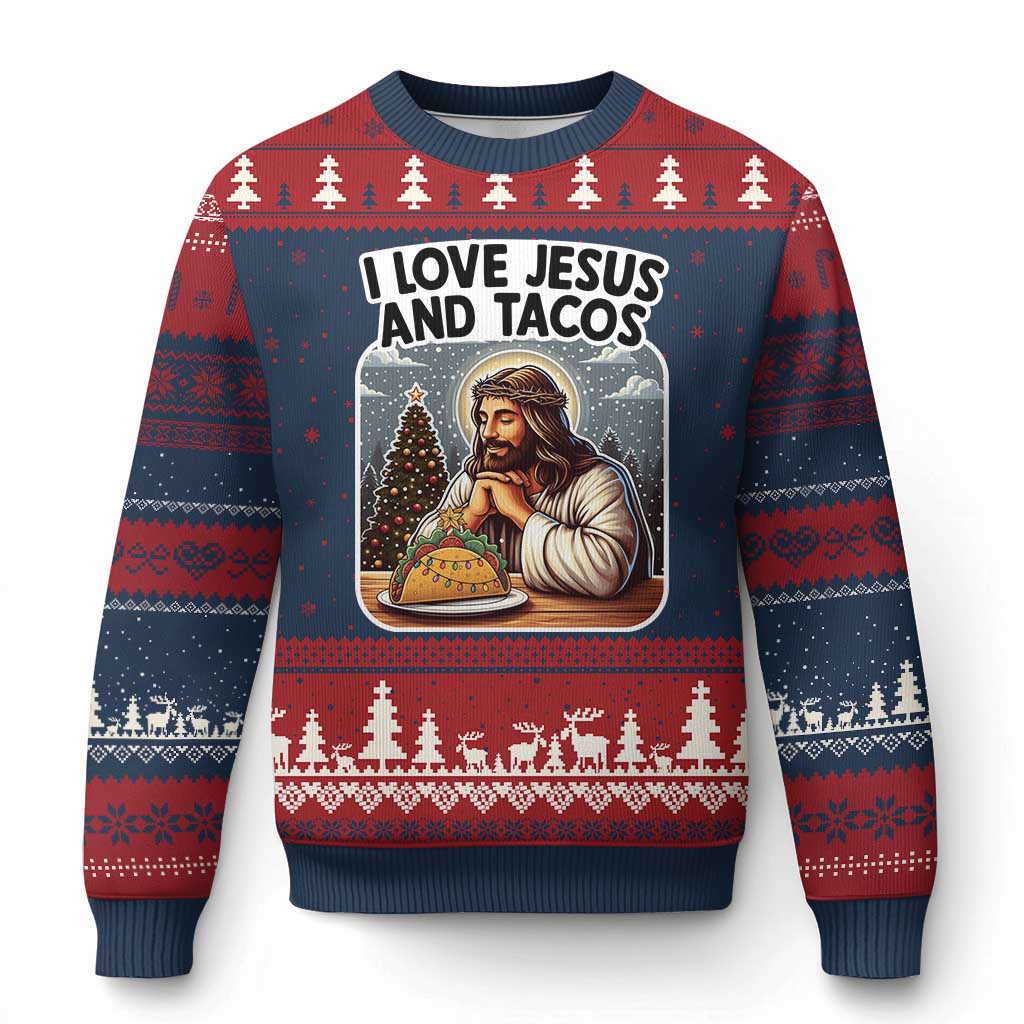 Funny Jesus Christian Xmas Ugly Christmas Sweater I Love Jesus And Tacos TS14 Navy Red Print Your Wear
