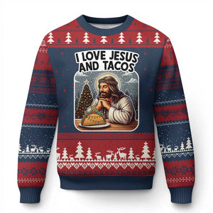 Funny Jesus Christian Xmas Ugly Christmas Sweater I Love Jesus And Tacos TS14 Navy Red Print Your Wear
