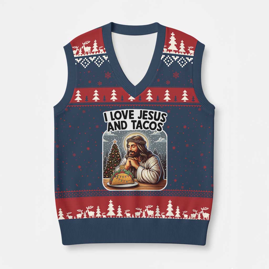 Funny Jesus Christian Xmas V-Neck Knit Sweater Vest I Love Jesus And Tacos TS14 Navy Red Print Your Wear