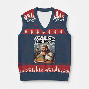Funny Jesus Christian Xmas V-Neck Knit Sweater Vest I Love Jesus And Tacos TS14 Navy Red Print Your Wear